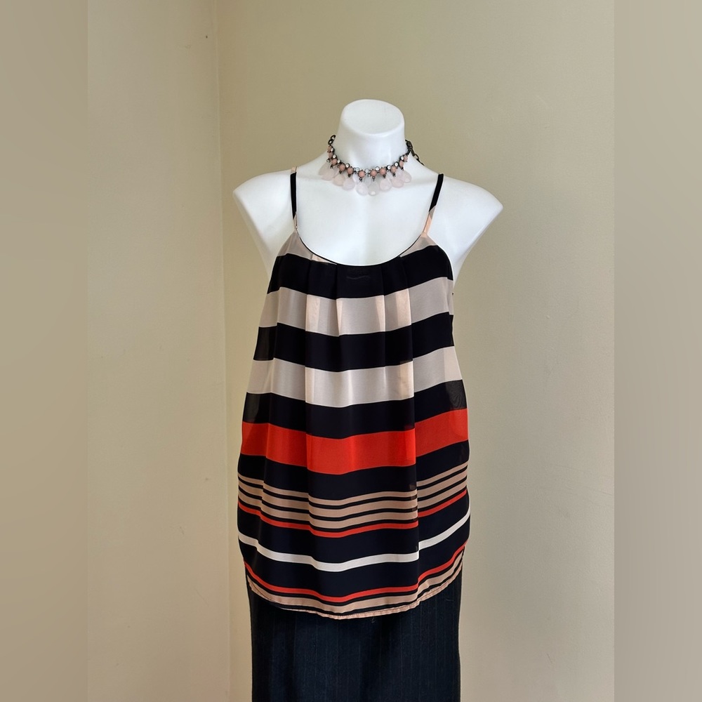 Love Republic Red/Orange Navy Blue Cream & Tan Sheer Sleeveless Blouse SZ S